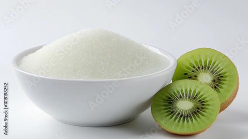 allulose, d-allulose, d-psicose, rare sugar concept image: front view, a bowl of sugar with kiwi placed nearby on a white, sterile background photo