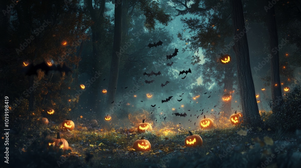 Fototapeta premium scary and spooky halloween background with pumpkins and bats