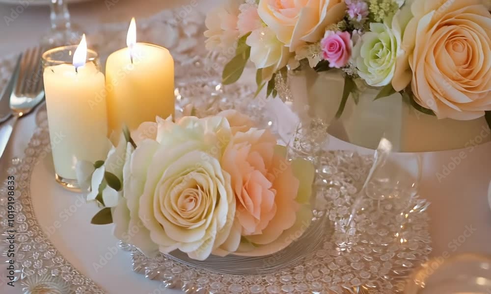 Close up of wedding reception table setting with flower arrangements, soft candlelight casting a warm glow, delicate lace tablecloth Close up of wedding reception table setting with flower arrangements, soft candlelight casting a warm glow, delicate lace tablecloth