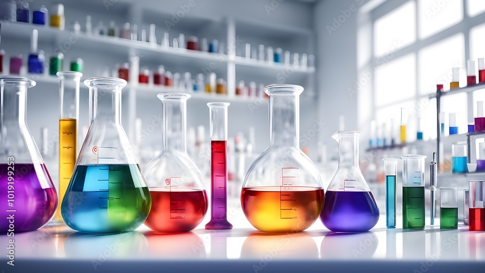 A row of beakers filled with colorful liquids in a modern lab setting. A row of beakers filled with colorful liquids in a modern lab setting.