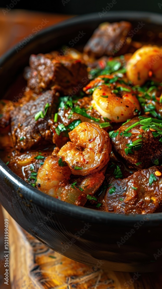 Close-up view of a rustic bowl filled with Obe Ila Alasepo, a traditional Nigerian beef stew Close-up view of a rustic bowl filled with Obe Ila Alasepo, a traditional Nigerian beef stew