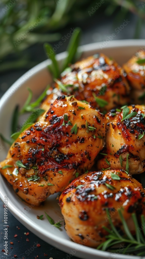 Juicy grilled chicken seasoned with herbs served on a plate for a delicious Italian meal Juicy grilled chicken seasoned with herbs served on a plate for a delicious Italian meal
