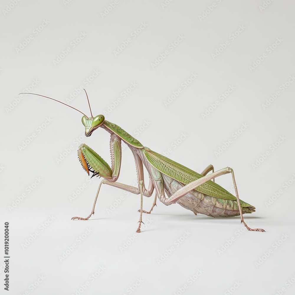 Close-up of a green praying mantis on a white background, showcasing its intricate details and natural beauty in a minimalist setting. Close-up of a green praying mantis on a white background, showcasing its intricate details and natural beauty in a minimalist setting.