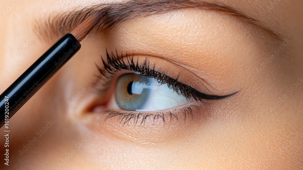 Naklejka premium Close-up focuses on an eye, with emphasis on an artistically groomed eyebrow and a perfectly drawn eyeliner line to enhance natural beauty.