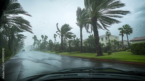 View of hurricane from inside car. Сar drives through the storm. photo