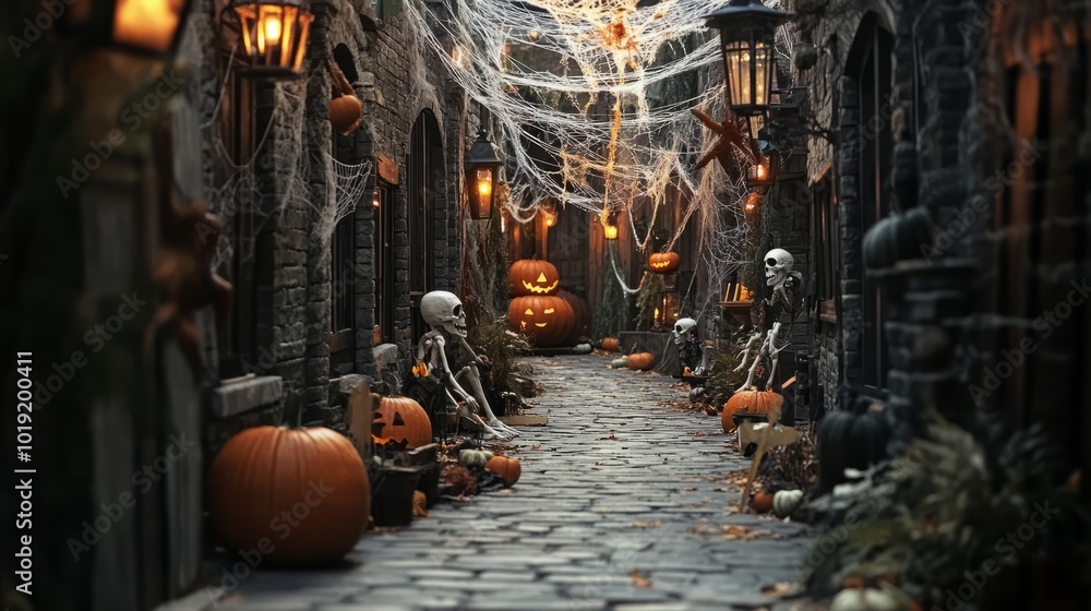 Naklejka premium halloween background with spider web. street with halloween decoration