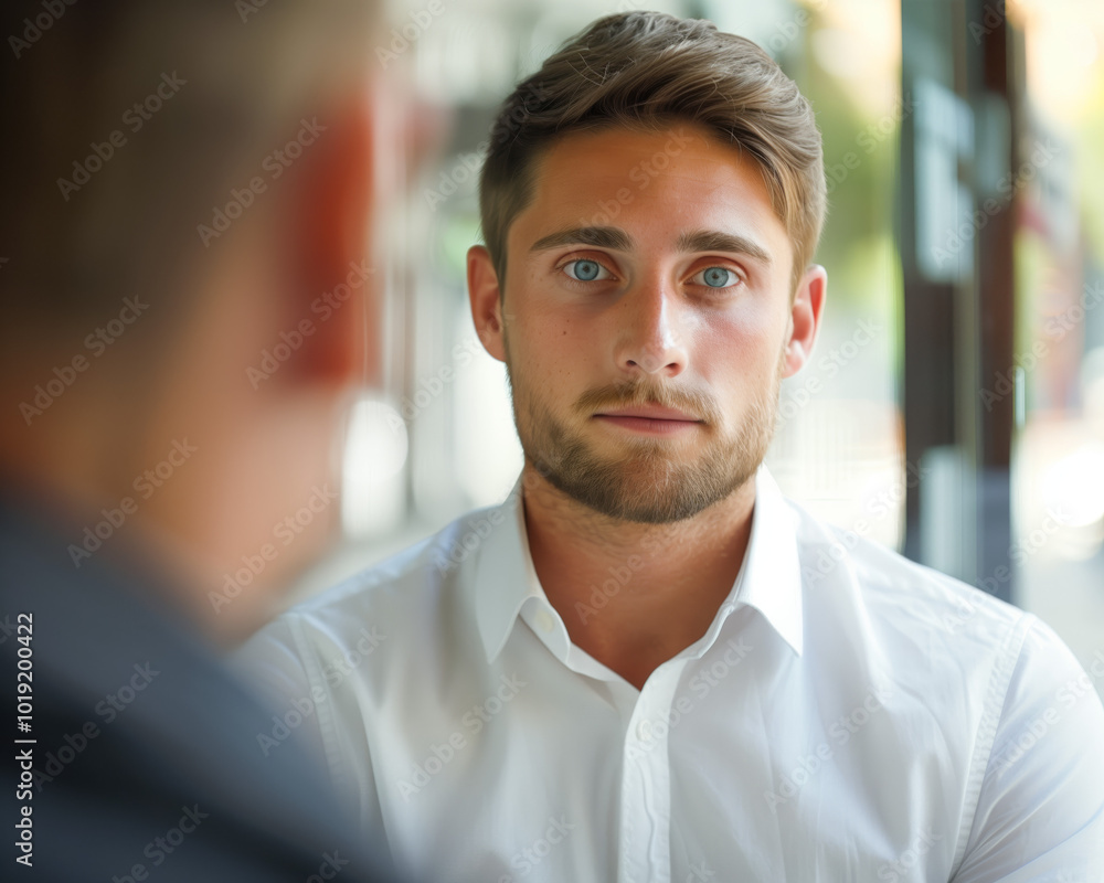 Young Professional Man in White Shirt Having a Serious Conversation in a Modern Cafe - Business and Lifestyle Photograph Young Professional Man in White Shirt Having a Serious Conversation in a Modern Cafe - Business and Lifestyle Photograph