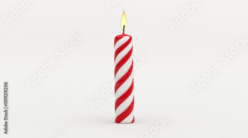birthday candle concept image: red and white striped candle, front view, a single birthday candle placed in the center of a white background
