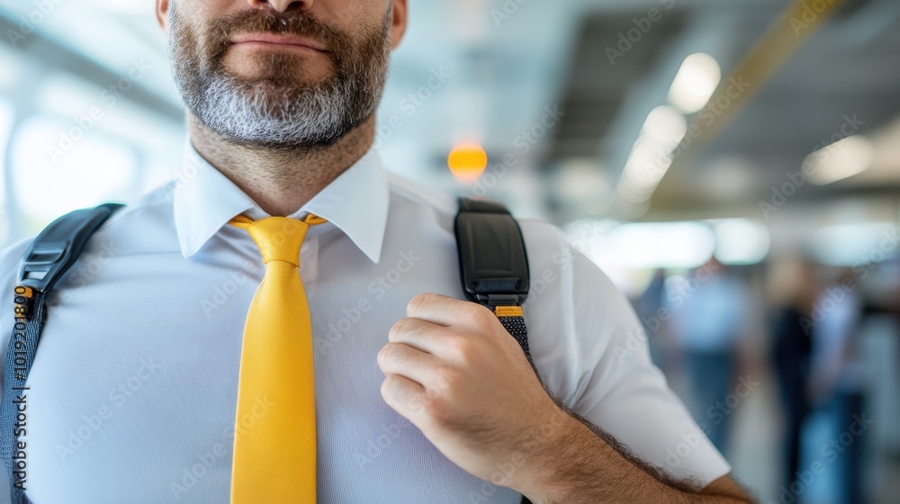 A man with a gray beard and yellow tie, carrying a backpack, looks determined as he prepares for travel, symbolizing modern business lifestyle and readiness. A man with a gray beard and yellow tie, carrying a backpack, looks determined as he prepares for travel, symbolizing modern business lifestyle and readiness.