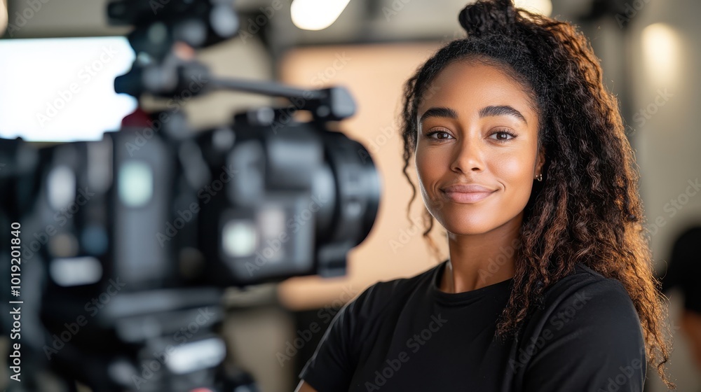 A woman with long hair and wearing a black shirt confidently posing next to professional camera equipment, with a softly lit studio environment.