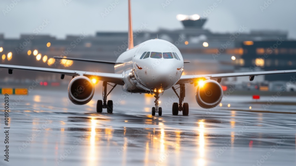 This image showcases a plane taxiing on a wet runway, surrounded by city lights reflecting on the ground, symbolizing the start of an exciting journey. This image showcases a plane taxiing on a wet runway, surrounded by city lights reflecting on the ground, symbolizing the start of an exciting journey.