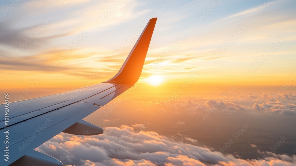 Obraz premium This inspiring image features an airplane wing gracefully cutting through a stunning sunset, highlighting an endless cloudscape, symbolizing balance and aspiration.