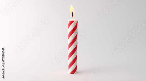 birthday candle concept image: red and white striped candle, front view, a single birthday candle placed in the center of a white background