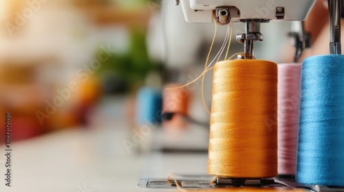 The threaded orange spool stands out vividly as it is threaded through a sewing machine, capturing the precision and vibrant creativity of modern textile work... photo