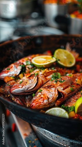 Freshly caught fish served in a bowl at a vibrant seafood restaurant kitchen during lunchtime