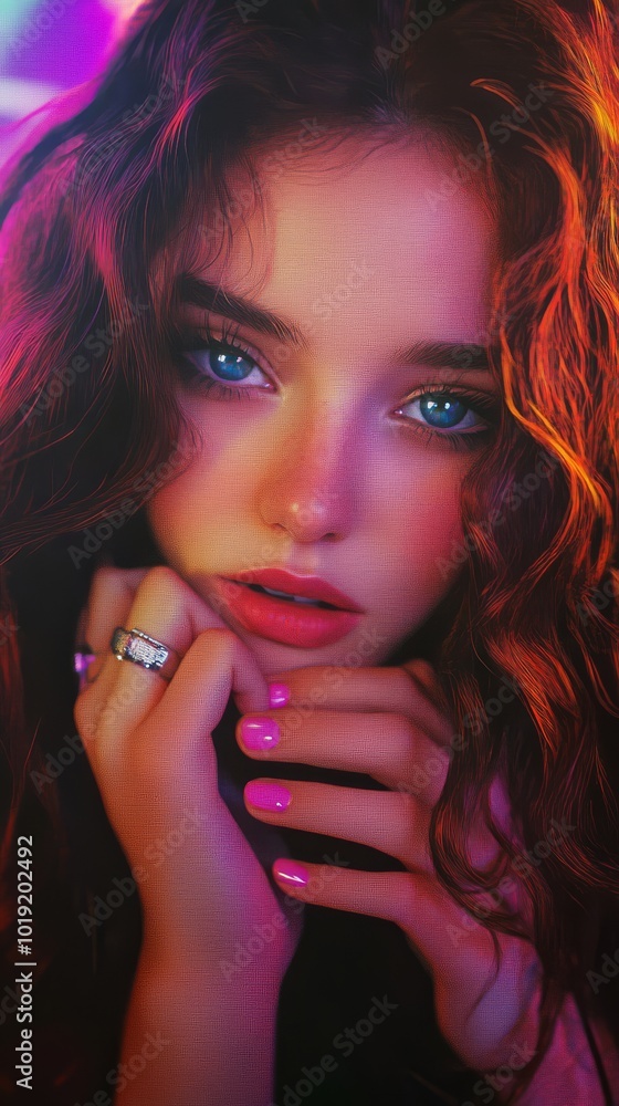 Fototapeta premium Close-up of a woman with captivating eyes and colorful lighting, emphasizing beauty and emotion in a vibrant portrait.