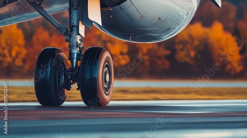 Close-up of airplane landing gear touching down on the runway with vibrant autumn trees in the background, showcasing travel and aviation. photo