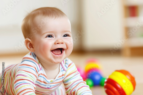 Baby crawling with bright toys