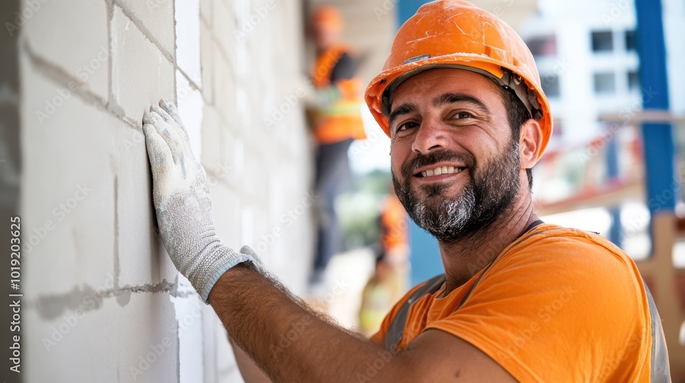 Bearded construction worker in an orange vest and hard hat, smiling while standing in front of a newly built wall indicating progress and satisfaction. Bearded construction worker in an orange vest and hard hat, smiling while standing in front of a newly built wall indicating progress and satisfaction.