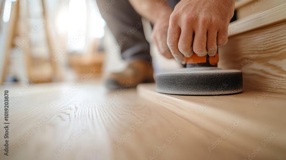Fototapeta premium A professional polishes a wood floor with an electric sander, showcasing dedication, attention to detail, and a high level of skill in floor maintenance.