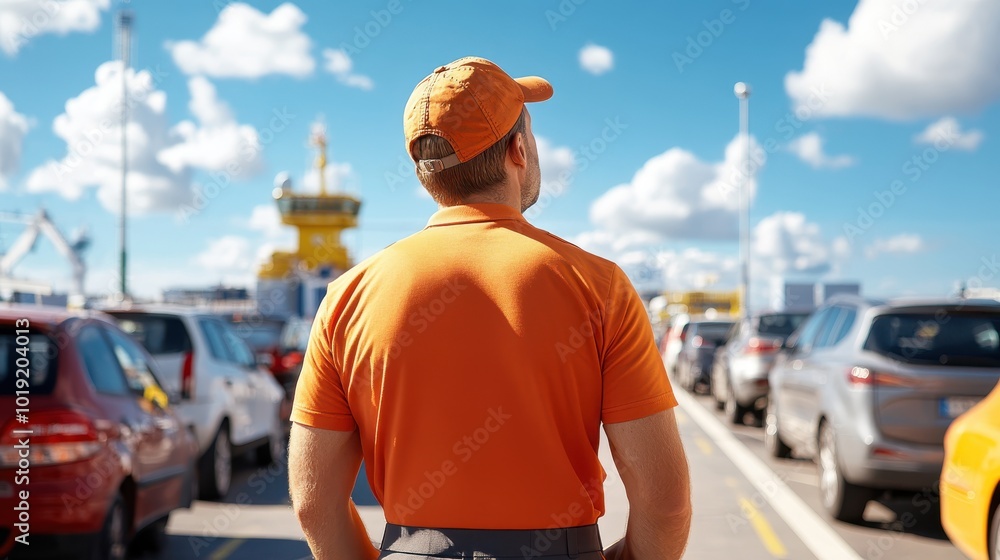 A man wearing an orange uniform and cap stands on a ferry deck lined with parked cars under a clear blue sky, showcasing a typical day in maritime operations. A man wearing an orange uniform and cap stands on a ferry deck lined with parked cars under a clear blue sky, showcasing a typical day in maritime operations.