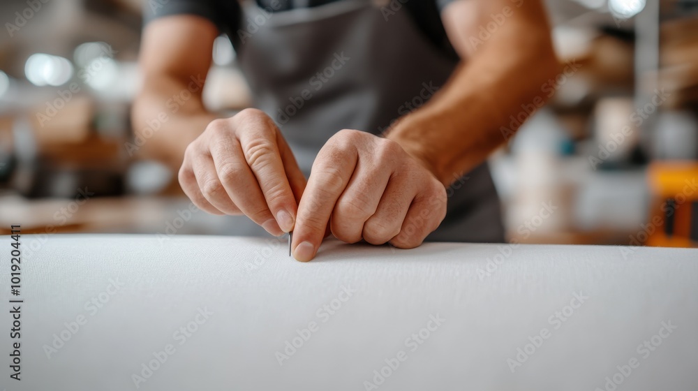 In a workshop, a person meticulously examines and adjusts fabric with their fingers, showcasing precision and attention in tailoring garments for optimal quality. In a workshop, a person meticulously examines and adjusts fabric with their fingers, showcasing precision and attention in tailoring garments for optimal quality.