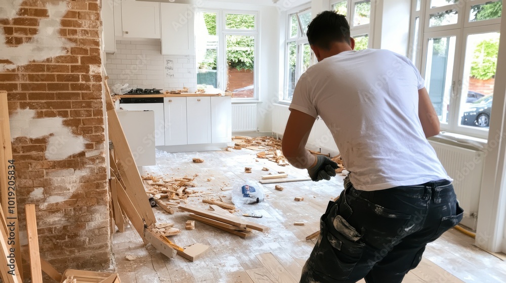 A man in work attire clears debris from a living room under renovation, showcasing diligence and hard work, with focus on building a new and refreshing space. A man in work attire clears debris from a living room under renovation, showcasing diligence and hard work, with focus on building a new and refreshing space.