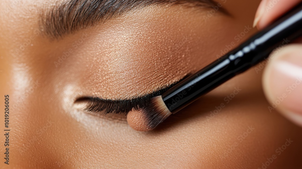 A focused depiction of applying eye makeup with precision, using a makeup brush to achieve a flawless view, highlighting the skill of cosmetics application. A focused depiction of applying eye makeup with precision, using a makeup brush to achieve a flawless view, highlighting the skill of cosmetics application.