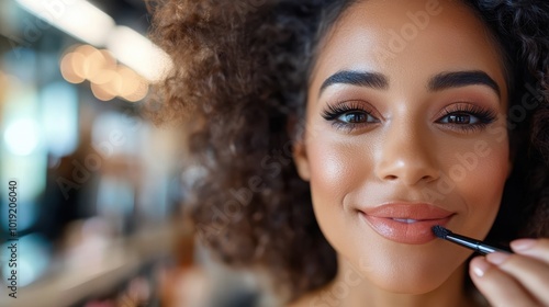 A joyful young woman with shimmering, vivid makeup smiling in a brightly lit setting. The image highlights her glowing complexion and eye-catching beauty. photo