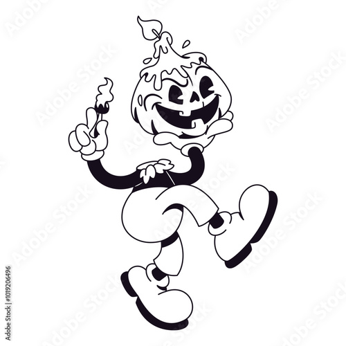 Vector Retro Cartoon Pumpkin Jack O Lantern Candle Character Illustration Isolated