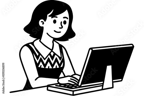 Beautiful girl working on computer  vector art illustration