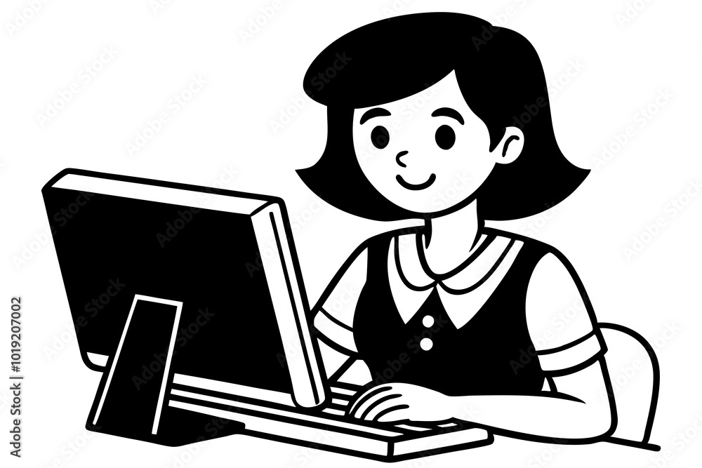Beautiful girl working on computer vector art illustration Beautiful girl working on computer vector art illustration
