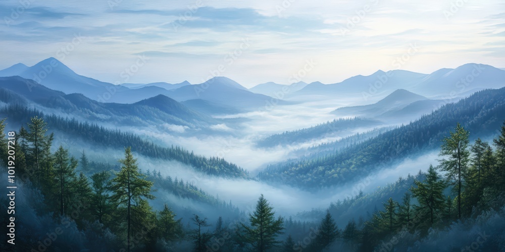 Obraz premium Misty mountain landscape with forested hills.