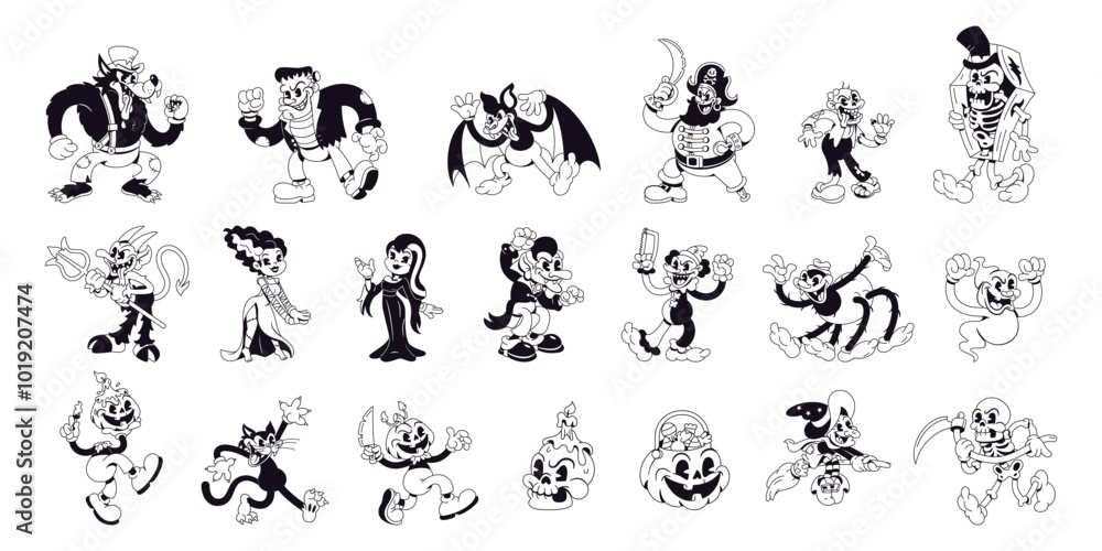 Vector Halloween Retro Cartoon Characters Style Groovy Set Illustration Isolated Vector Halloween Retro Cartoon Characters Style Groovy Set Illustration Isolated
