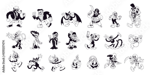 Vector Halloween Retro Cartoon Characters Style Groovy Set Illustration Isolated