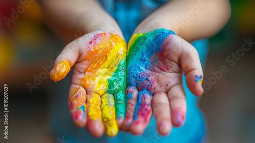 Wallpaper Mural Child's hands covered in vibrant finger paint showing creativity and fun Torontodigital.ca