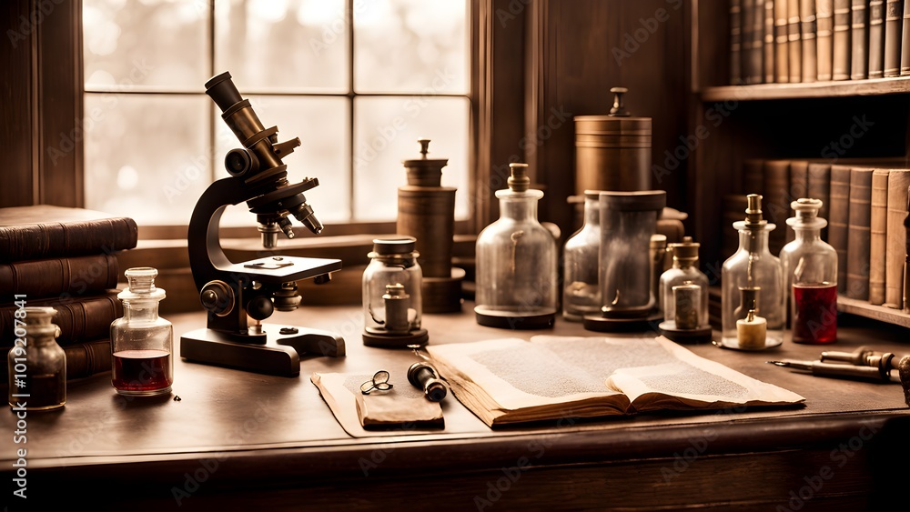 An antique microscope sits on a wooden desk with other scientific instruments.