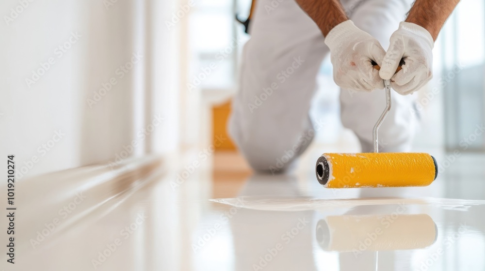 A close-up of a person applying glossy white paint on a smooth surface with a yellow paint roller, highlighting precision and professionalism in home improvement. A close-up of a person applying glossy white paint on a smooth surface with a yellow paint roller, highlighting precision and professionalism in home improvement.