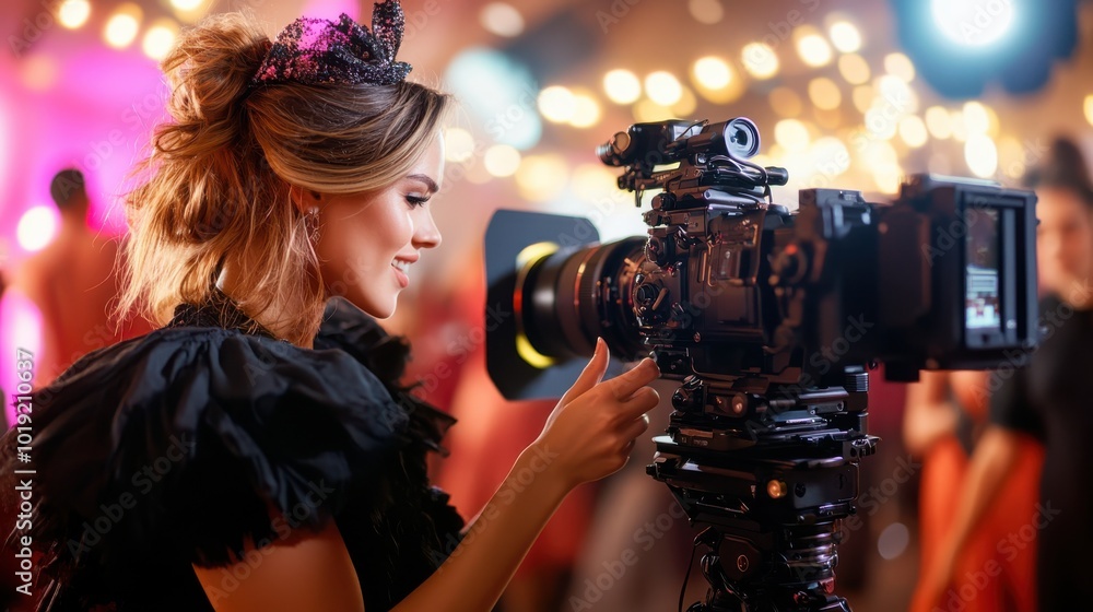 An elegant woman wearing a striking black outfit operates a camera amid a glamorous and vibrant venue, capturing moments with poise and sophistication. An elegant woman wearing a striking black outfit operates a camera amid a glamorous and vibrant venue, capturing moments with poise and sophistication.