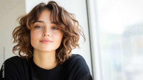 A young woman with short curly hair looks confidently at the camera while sitting by a bright window, capturing natural beauty and relaxed simplicity. Free Download A young woman with short curly hair looks confidently at the camera while sitting by a bright window, capturing natural beauty and relaxed simplicity. - GFXLoad