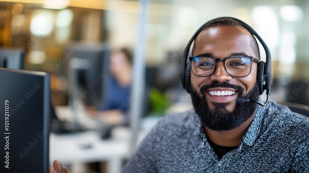 Naklejka premium A cheerful man with a beard and glasses wearing a headset, sitting in a bright, contemporary office environment, epitomizing customer service and professionalism.