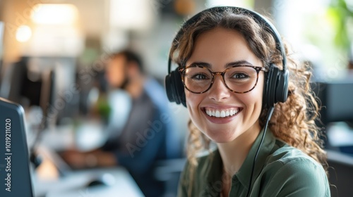 A smiling woman wearing glasses and headphones  sitting in a brightly lit office environment  engaged in work  representing concentration and modern technology.