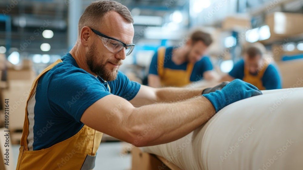 A diligent worker, adorned in safety gear, expertly handles large fabric bolts in a state-of-the-art factory, embodying precision and skill in textile production. A diligent worker, adorned in safety gear, expertly handles large fabric bolts in a state-of-the-art factory, embodying precision and skill in textile production.