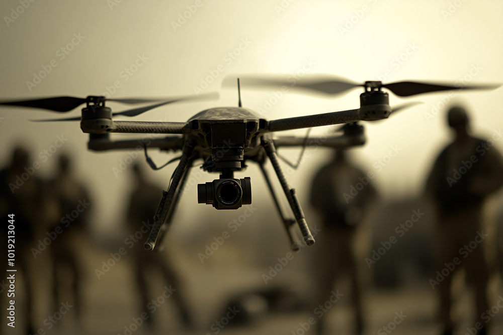 A military drone hovers in focus while soldiers stand blurred in the background in a desert setting
A military drone hovers in focus while soldiers stand blurred in the background in a desert setting