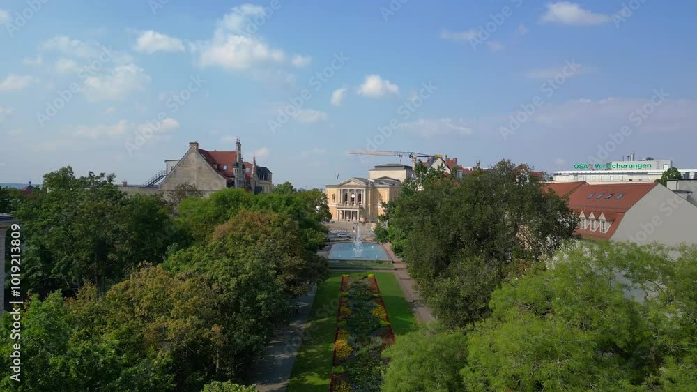 Fountains in front of Opera House, halle saale Gorgeous aerial view flight drone Fountains in front of Opera House, halle saale Gorgeous aerial view flight drone