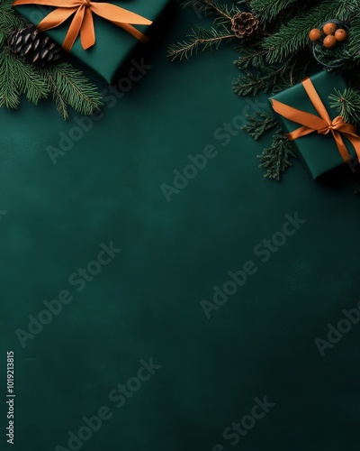 Elegant Christmas flat lay with green gifts and pine branches on a dark background. Perfect for holiday greetings and festive designs.