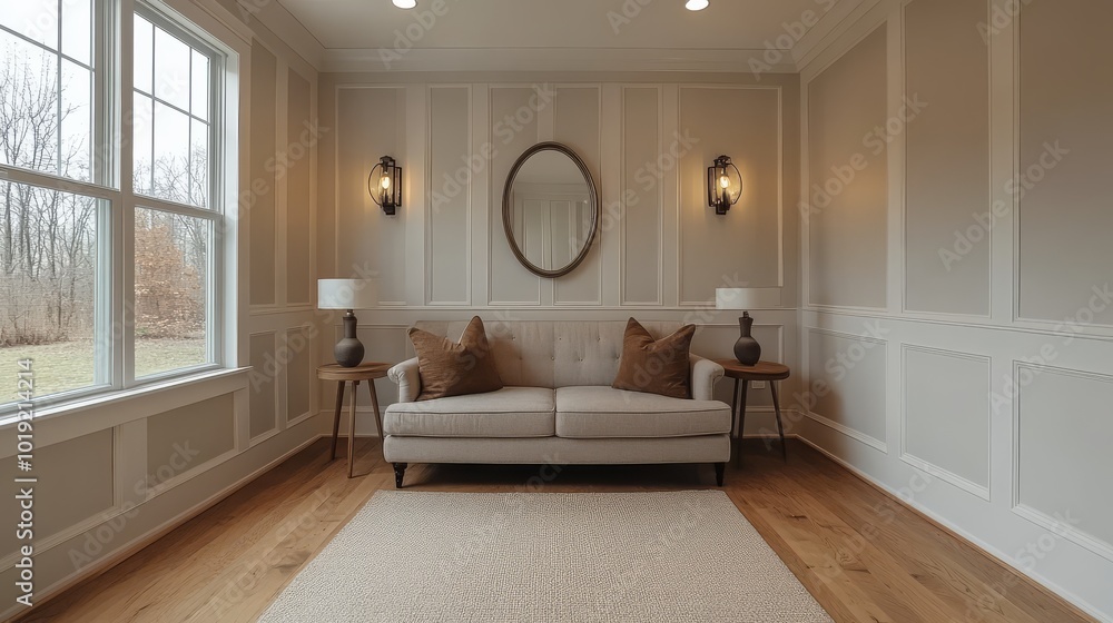 Elegant living room with cozy sofa, decorative wall paneling, and natural light streaming through large windows, creating a serene ambiance. Elegant living room with cozy sofa, decorative wall paneling, and natural light streaming through large windows, creating a serene ambiance.