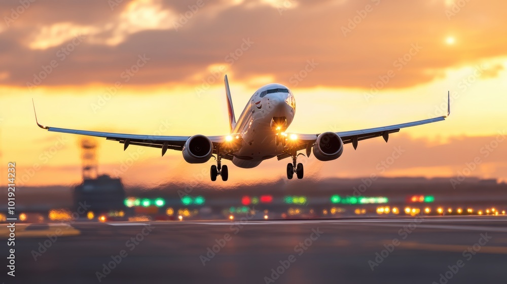 An elegant airplane gracefully lands on a runway as the sun sets, showcasing the beauty and precision of aviation technology in a breathtaking scene. An elegant airplane gracefully lands on a runway as the sun sets, showcasing the beauty and precision of aviation technology in a breathtaking scene.