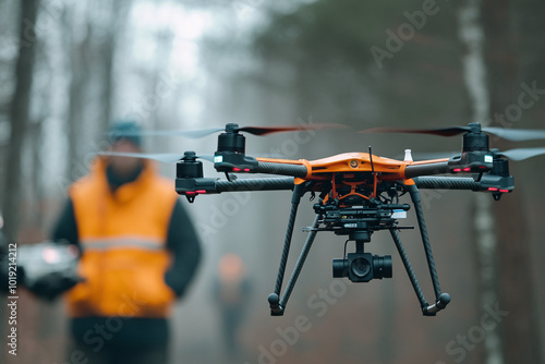 Fototapeta Naklejka Na Ścianę i Meble -  Drone hovering in focus while a person in an orange vest stands blurred in the background in a forest setting on a foggy day  
