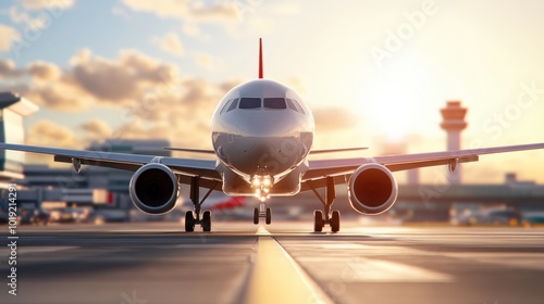 A frontal view shows the airplane poised on the runway during sunrise, surrounded by vibrant skies. The airport’s control tower and hangars are faintly visible. photo